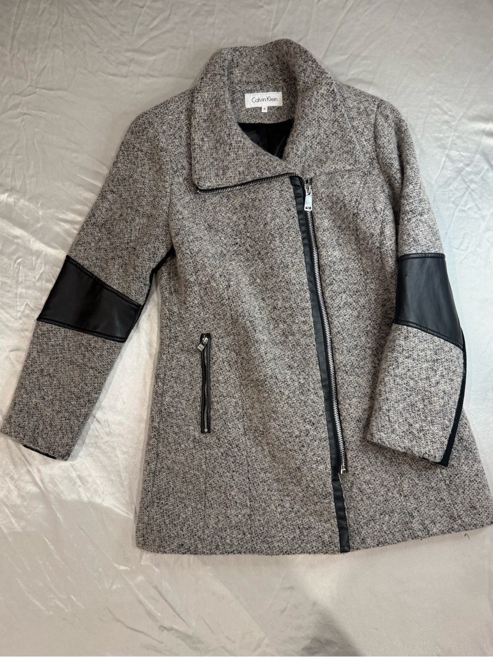Calvin Klein Gray Wool-Blend Asymmetrical Zip Coat with Black Trim
